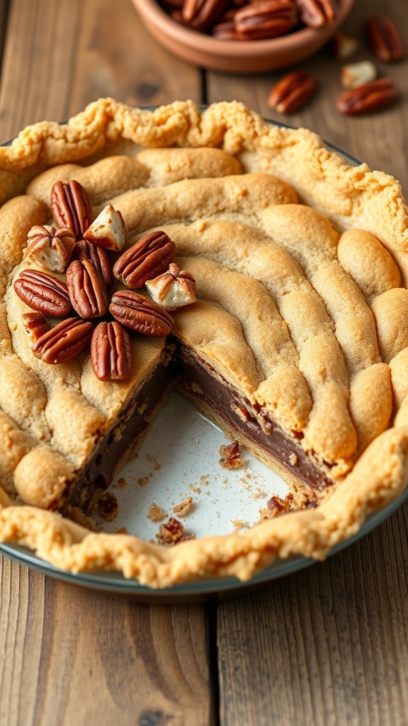 A golden-brown pecan sandies crust in a pie dish, filled with chocolate or cream filling, garnished with pecans.